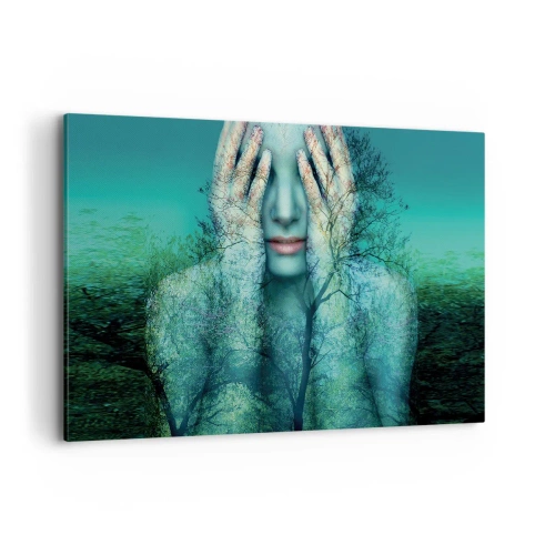 Obraz na płótnie - Postać kobiety z motywem drzew na tle turkusowego krajobrazu - 120x80cm - Zanurzona w błękicie - Nowoczesna dekoracja ścienna do salonu, kuchni i sypialni ARTTOR