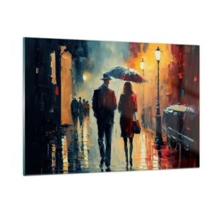 Obraz na szkle - Para z parasolem spacerująca nocą po mokrej ulicy - 120x80cm - Miejska love story - Nowoczesna dekoracja ścienna do salonu, kuchni i sypialni ARTTOR