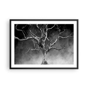 Plakat w czarnej ramie - Suche drzewo w czerni i bieli na tle mgły - 70x50cm - Pierwotne i święte - Nowoczesna dekoracja ścienna do salonu i sypialni ARTTOR