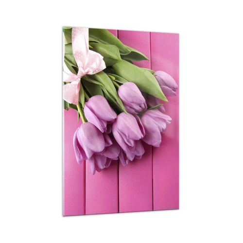 Obraz na szkle - Bukiet różowych tulipanów z kokardą na różowym tle - 70x100cm - Właśnie dla ciebie - Nowoczesna dekoracja ścienna do salonu i sypialni ARTTOR