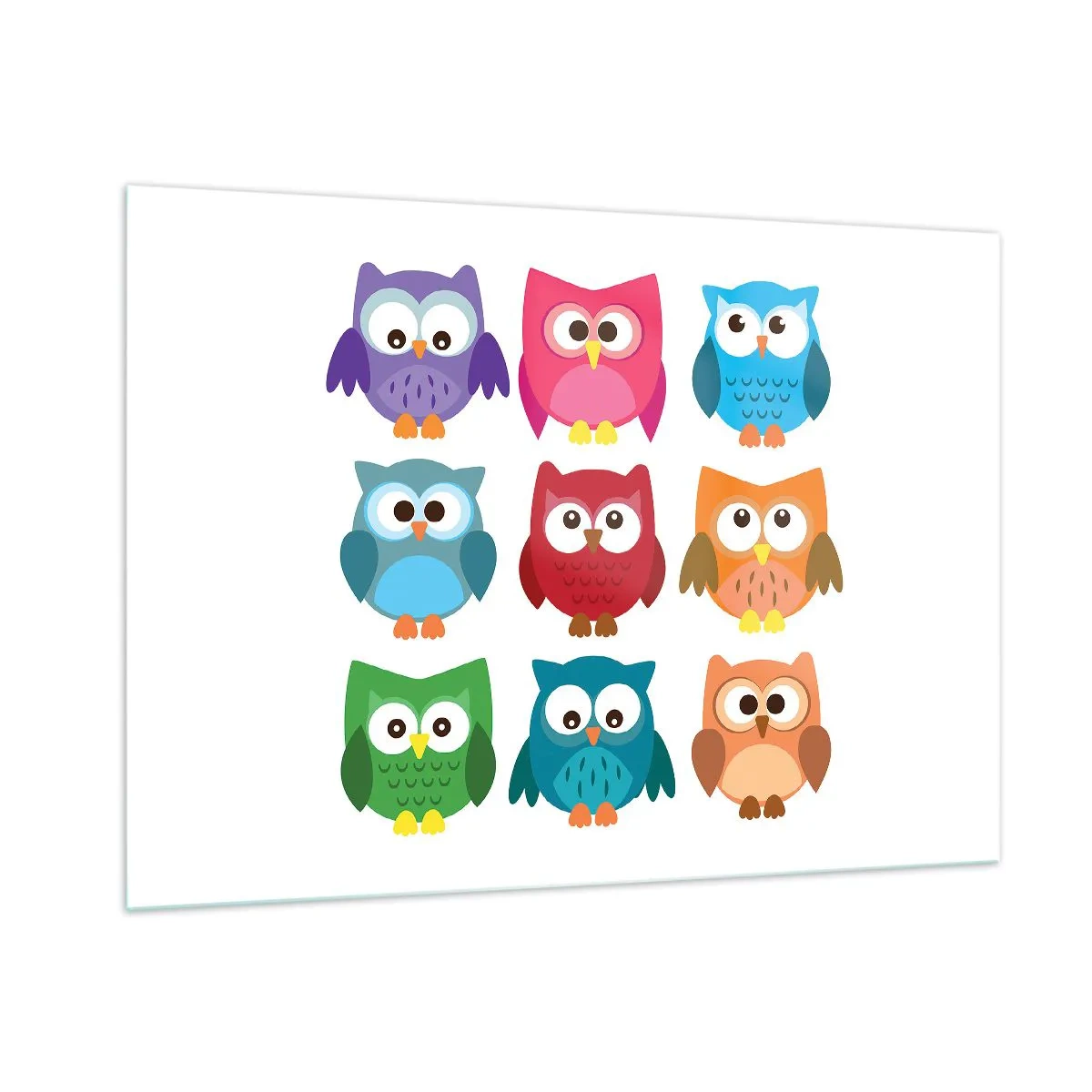 Obraz na szkle - Kolorowe sówki w rysunkowym stylu na białym tle - 100x70cm - Różnić można się zabawnie - Nowoczesna dekoracja ścienna do salonu, kuchni i sypialni ARTTOR