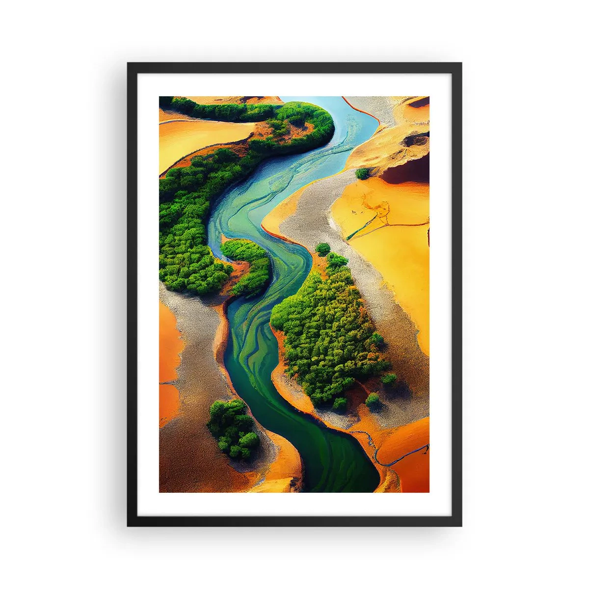 Plakat w czarnej ramie - Kolorowy krajobraz z wijącą się rzeką - 50x70cm - Życiodajna rzeka - Nowoczesna dekoracja ścienna do salonu i sypialni ARTTOR