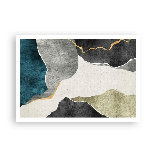 Plakat - Geometryczne formy w odcieniach szarości, zieleni i złota - 100x70cm - Mozaikowa kompozycja z nitką złota - Nowoczesna dekoracja ścienna do salonu i sypialni ARTTOR