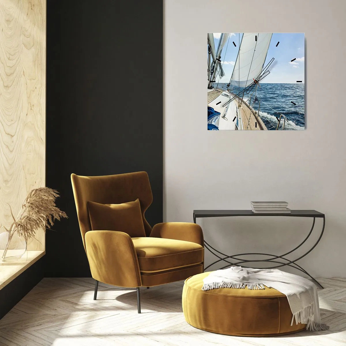 Zegar ścienny - Żaglówka na spokojnym morzu pod błękitnym niebem - 30x30cm - Ahoj, przygodo - Nowoczesna dekoracja ścienna do salonu i sypialni ARTTOR