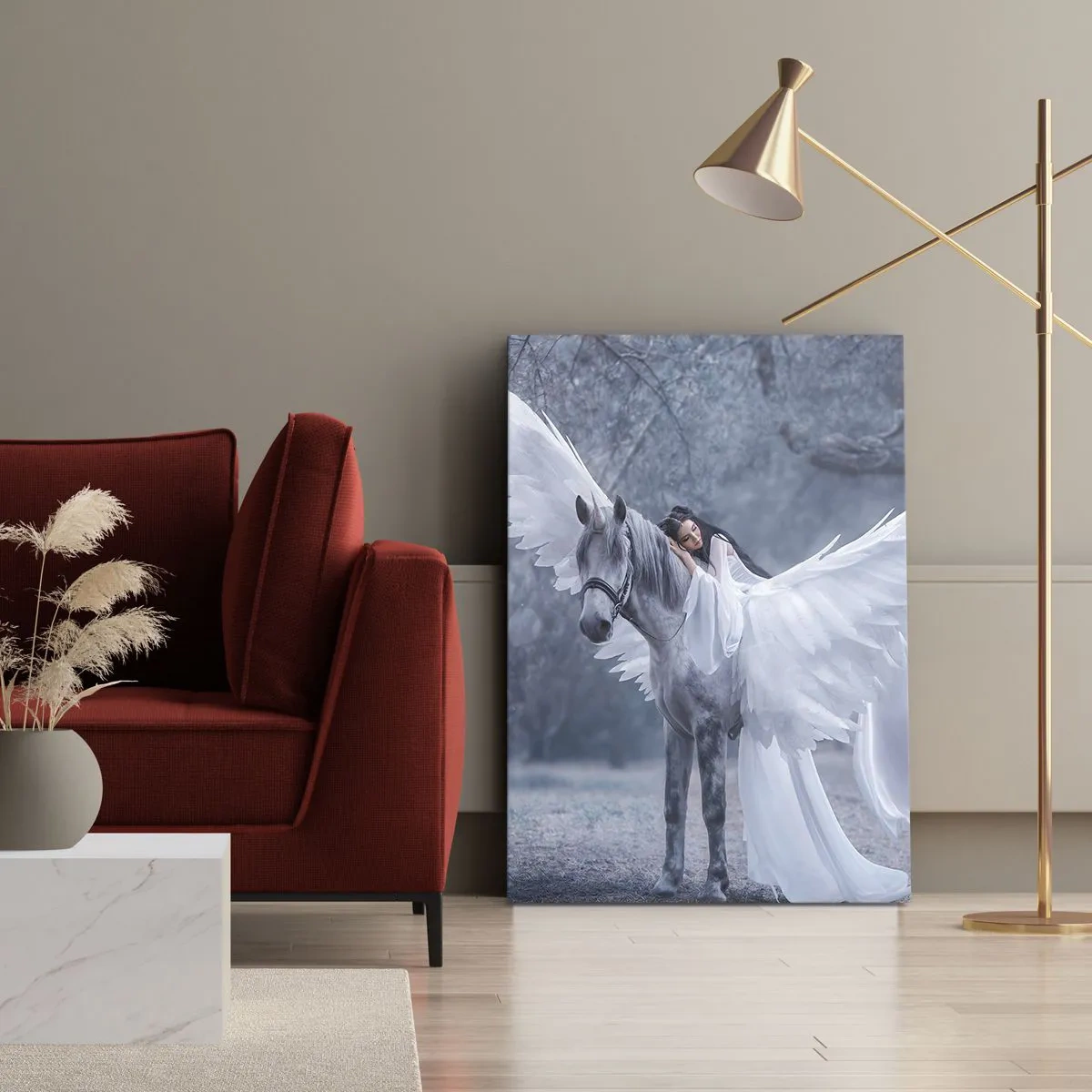 Obraz na płótnie - Kobieta w białej sukni na pegazie w baśniowym lesie - 50x70cm - Natchniona chwila - Nowoczesna dekoracja ścienna do salonu, kuchni i sypialni ARTTOR