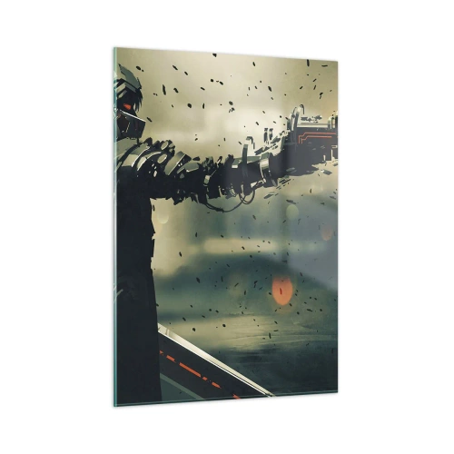 Obraz na szkle - Cyberwojownik w futurystycznym stylu z bronią energetyczną - 50x70cm - Zabójcza broń - twój własny Terminator - Nowoczesna dekoracja ścienna do salonu, kuchni i sypialni ARTTOR