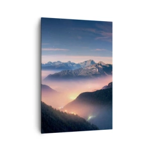 Obraz na płótnie - Górski krajobraz z doliną wypełnioną mgłą - 70x100cm - Światło w dolinach - Nowoczesna dekoracja ścienna do salonu i sypialni ARTTOR