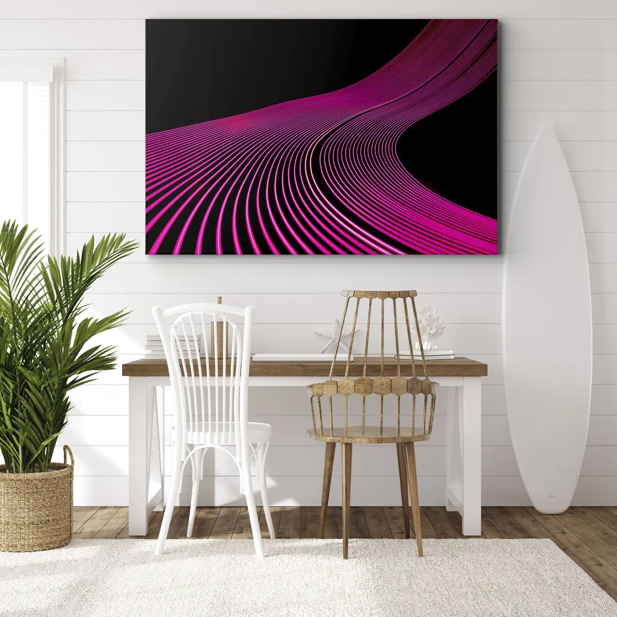 Obraz na płótnie - Futurystyczne linie w odcieniach różu na czarnym tle - 70x50cm - Aleja światła - Nowoczesna dekoracja ścienna do salonu i sypialni ARTTOR