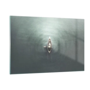 Obraz na szkle - Samotna łódka dryfująca po spokojnym, zielonkawym jeziorze - 120x80cm - Przez księżycowe jezioro - Nowoczesna dekoracja ścienna do salonu, kuchni i sypialni ARTTOR