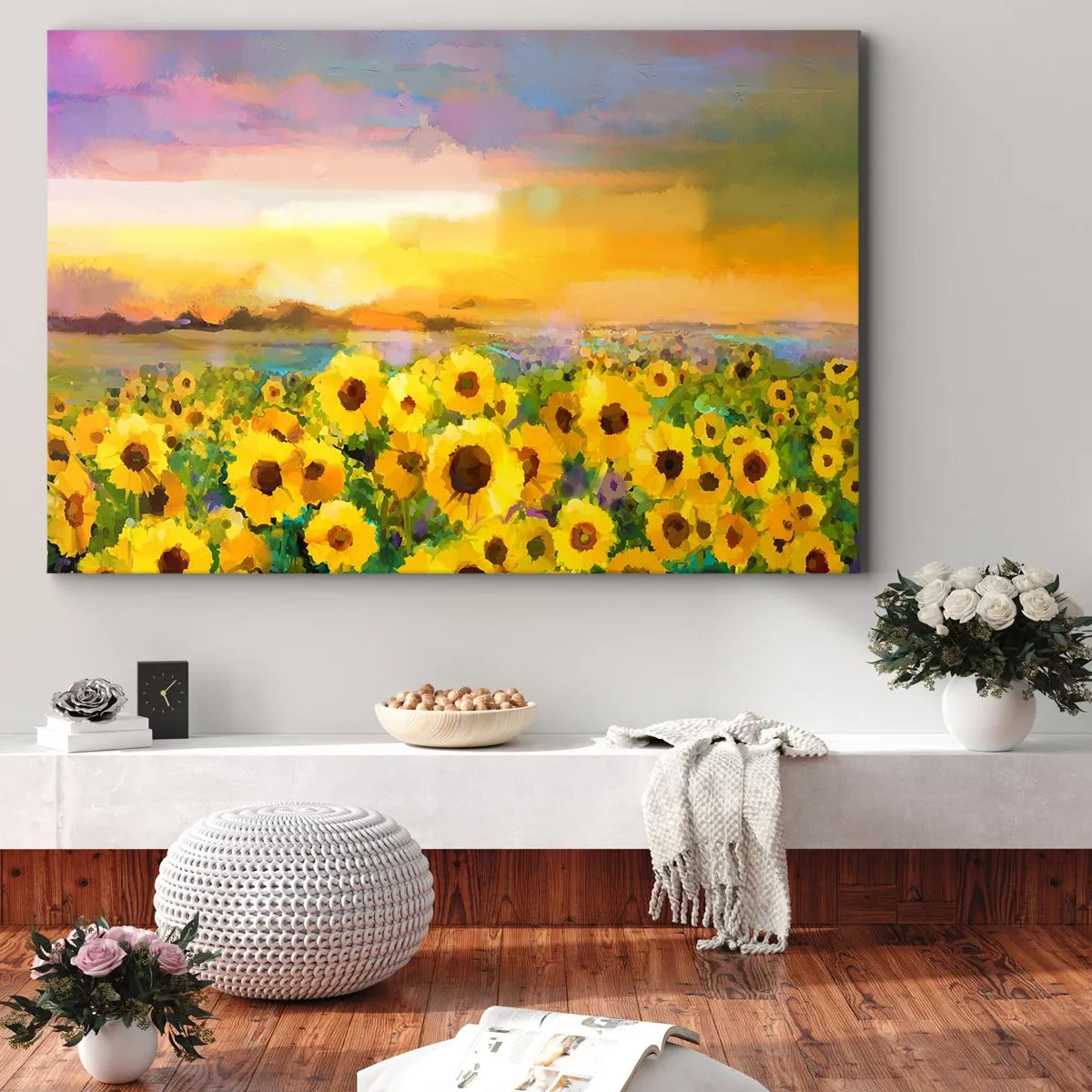 Obraz na płótnie - Pole słoneczników w świetle zachodzącego słońca - 70x50cm - Samo słońce zstąpiło na ziemię - Nowoczesna dekoracja ścienna do salonu i sypialni ARTTOR