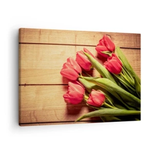 Obraz na płótnie - Bukiet różowych tulipanów na drewnianym tle - 70x50cm - Wiosenne wyznanie - Nowoczesna dekoracja ścienna do salonu i sypialni ARTTOR