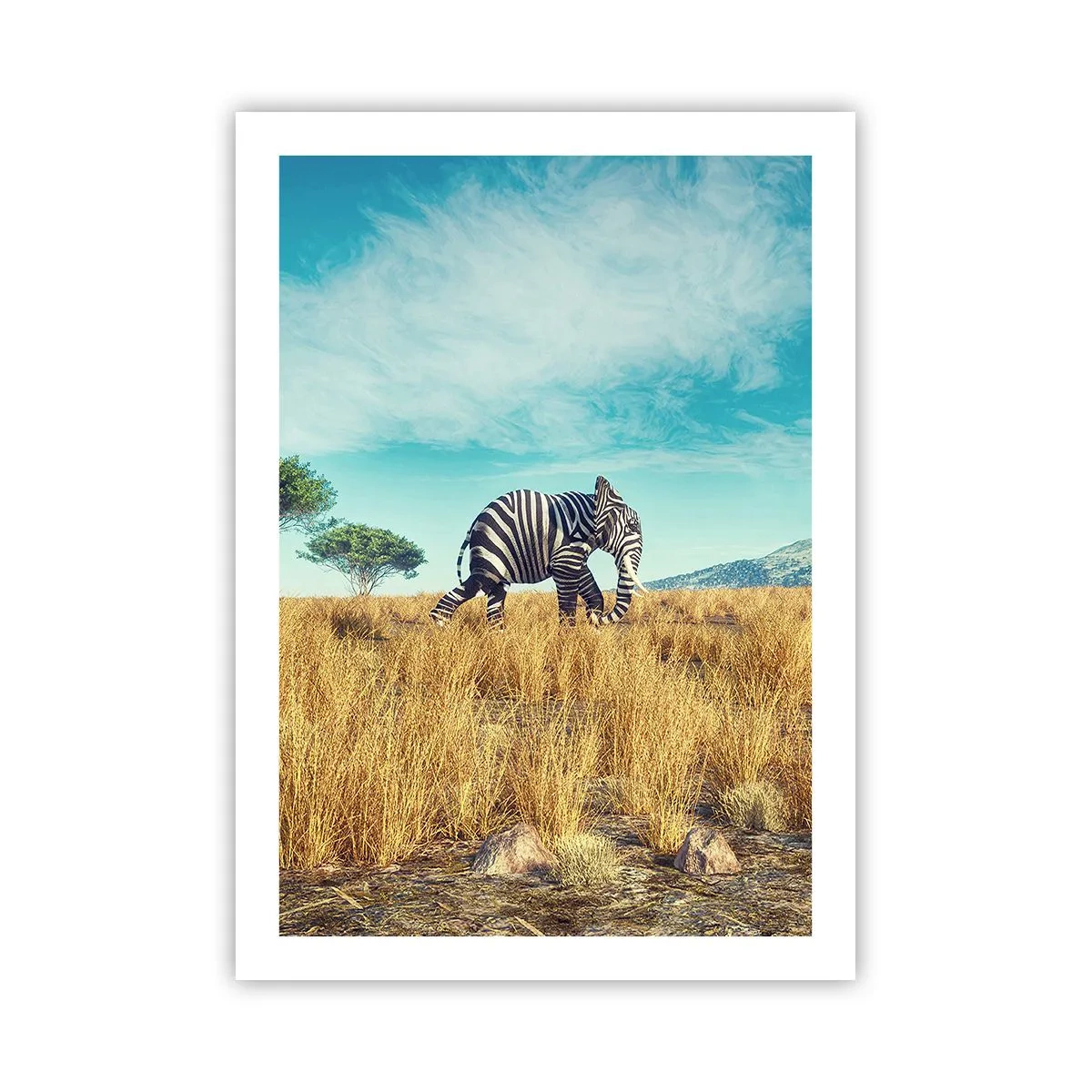 Plakat - Zebra z ciałem słonia na tle afrykańskiej sawanny - 50x70cm - Szarość już niemodna - Nowoczesna dekoracja ścienna do salonu, kuchni i sypialni ARTTOR
