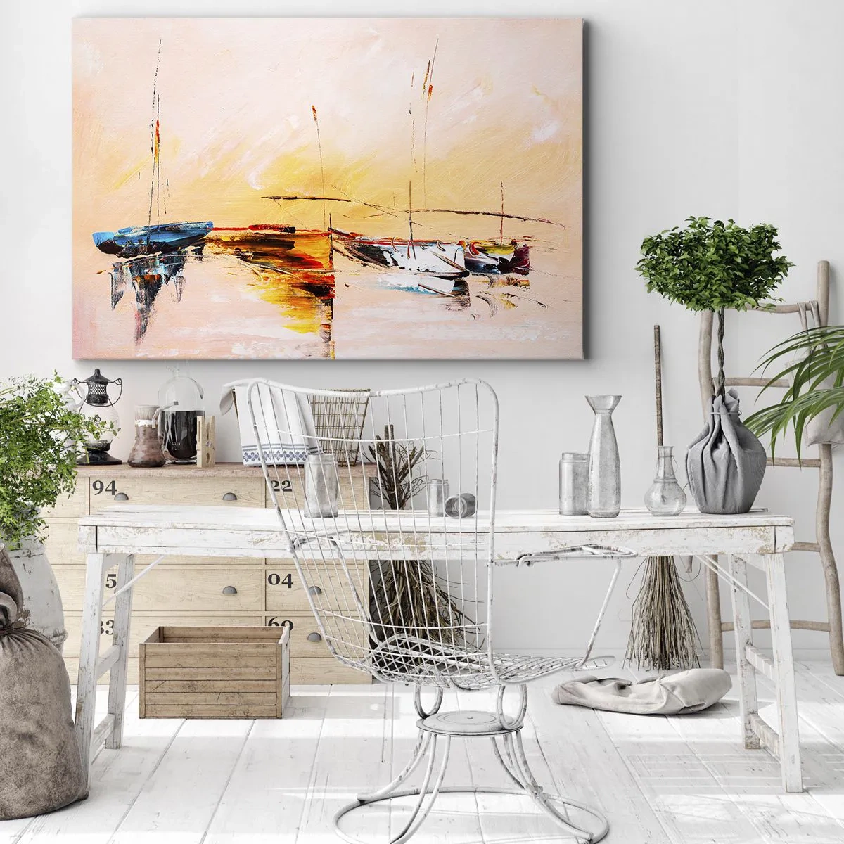 Obraz na płótnie - Kolorowe łódki na spokojnej wodzie o zachodzie słońca - 70x50cm - Wieczór w przystani - Nowoczesna dekoracja ścienna do salonu i sypialni ARTTOR