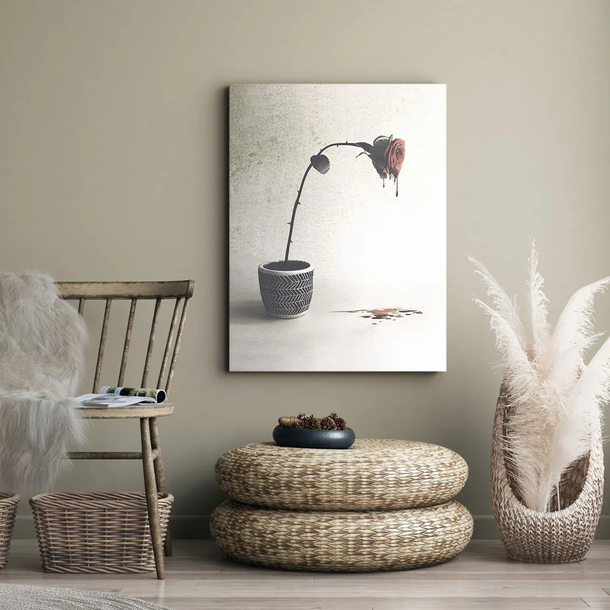 Obraz na płótnie - Symboliczny obraz zwiędłej róży w doniczce z rozlanym kolorem - 50x70cm - Rosa dolorosa - Nowoczesna dekoracja ścienna do salonu, kuchni i sypialni ARTTOR