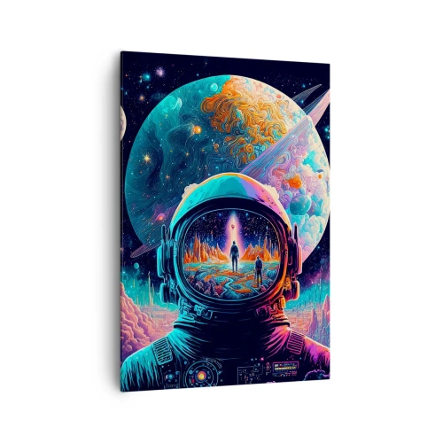 Obraz na płótnie - Astronauta w kosmosie z kolorowym pejzażem planetarnym - 70x100cm - Filozofom się nie śniło - Nowoczesna dekoracja ścienna do salonu i sypialni ARTTOR