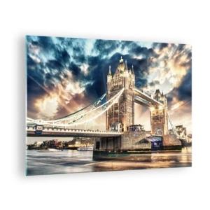 Obraz na szkle - Tower Bridge w Londynie na tle dramatycznego nieba - 70x50cm - Pomnik wiktoriańskiego imperium - Nowoczesna dekoracja ścienna do salonu i sypialni ARTTOR