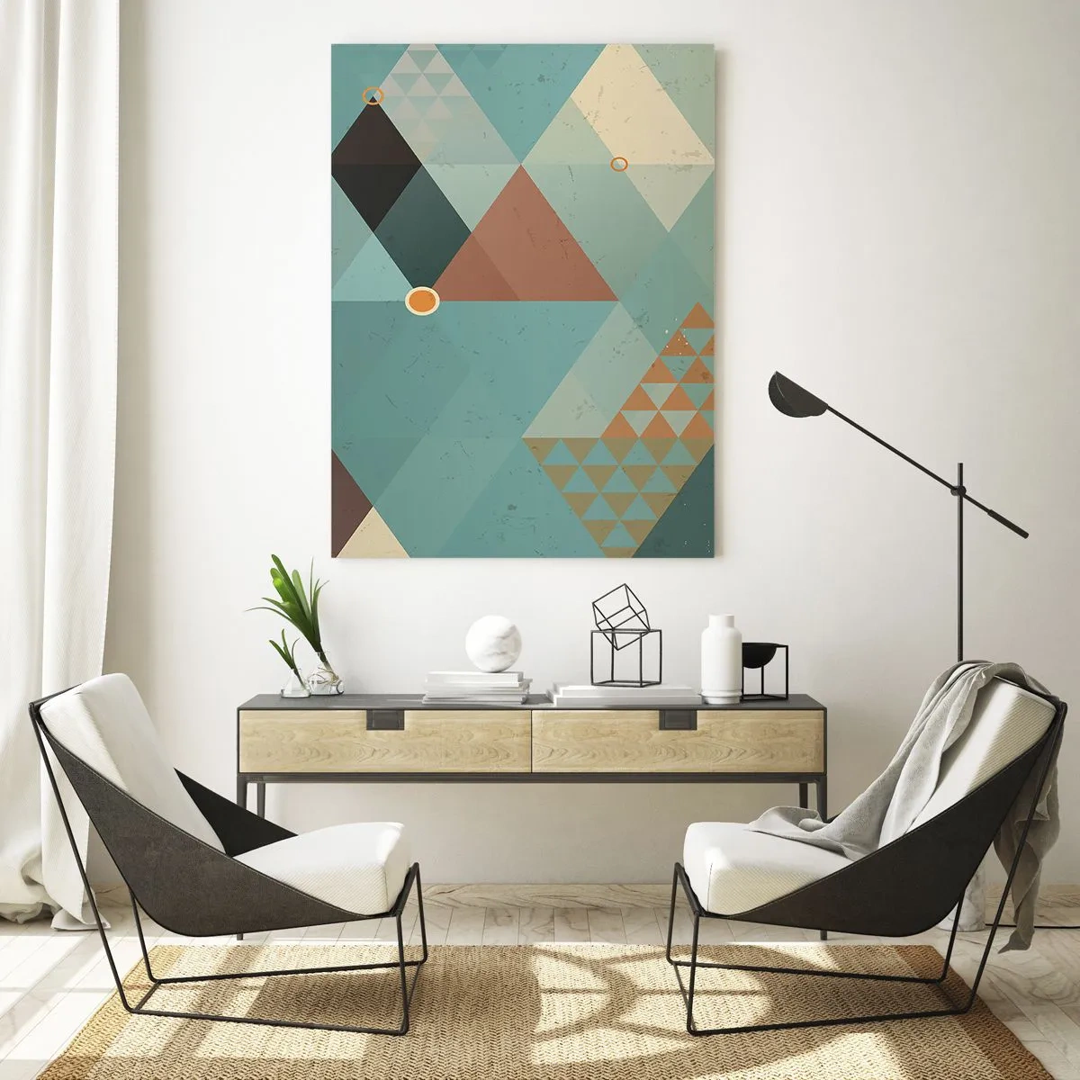 Obraz na szkle - Geometria w odcieniach turkusu i brązu z trójkątami - 50x70cm - Jedność wielości, wielość jedności - Nowoczesna dekoracja ścienna do salonu, kuchni i sypialni ARTTOR