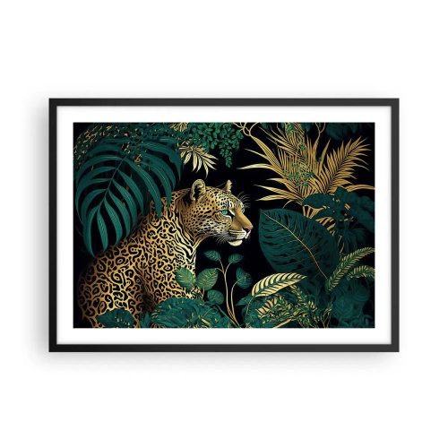Plakat w czarnej ramie - Leopard w tropikalnych liściach na czarnym tle - 70x50cm - Gospodarz w dżungli - Nowoczesna dekoracja ścienna do salonu i sypialni ARTTOR