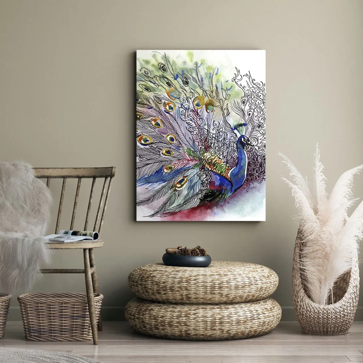 Obraz na płótnie - Paw w kolorowym akwarelowym stylu z abstrakcyjnymi piórami - 70x100cm - Z dumą przeciw szarości - Nowoczesna dekoracja ścienna do salonu i sypialni ARTTOR