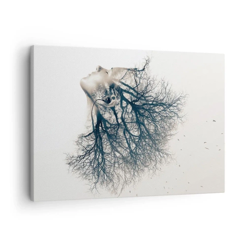 Obraz na płótnie - Twórcza sylwetka kobiety i drzew - 70x50cm - Zasłuchana w szept drzewa - Nowoczesna dekoracja ścienna do salonu i sypialni ARTTOR