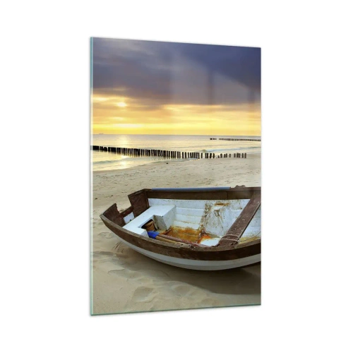 Obraz na szkle - Łódka na piaszczystej plaży o zachodzie słońca - 80x120cm - Nie ma piękniejszych plaż - Nowoczesna dekoracja ścienna do salonu i sypialni ARTTOR