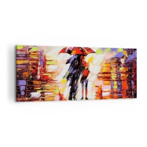 Obraz na płótnie - Abstrakcyjna scena spaceru pod parasolem w deszczową noc - 120x50cm - Razem przez noc i deszcz - Nowoczesna dekoracja ścienna do salonu i sypialni ARTTOR