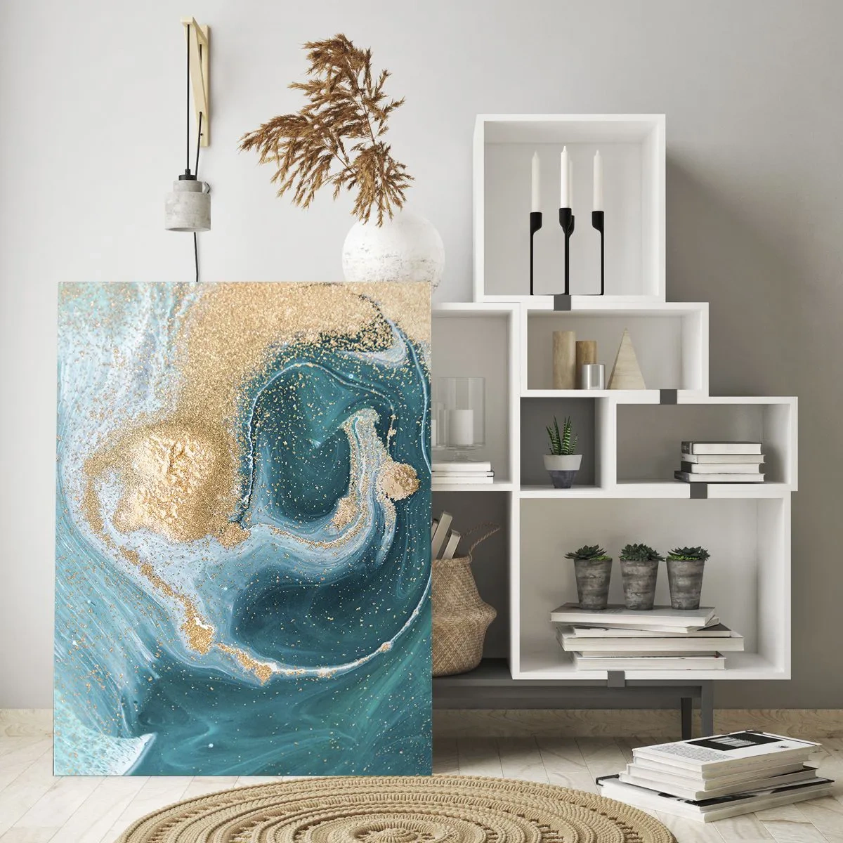 Obraz na szkle - Abstrakcyjny wir w turkusowo-złotej tonacji - 80x120cm - Wir złota i turkusu - Nowoczesna dekoracja ścienna do salonu i sypialni ARTTOR
