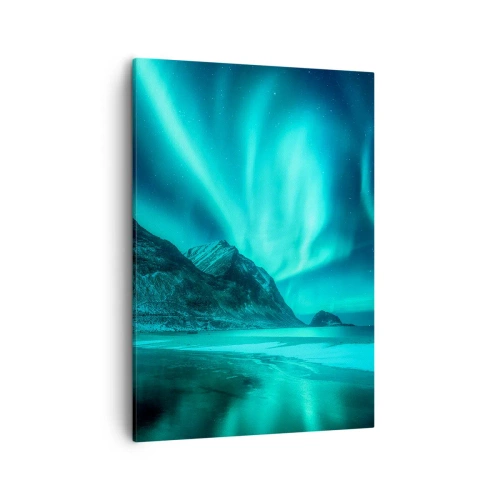 Obraz na płótnie - Fotografia zorzy polarnej nad górskim krajobrazem - 50x70cm - Cuda północy - Nowoczesna dekoracja ścienna do salonu, kuchni i sypialni ARTTOR