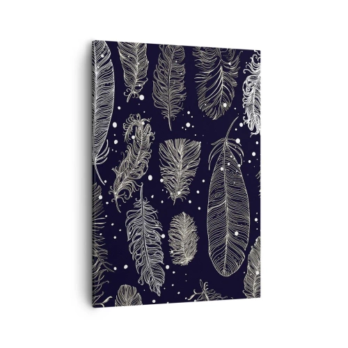 Obraz na płótnie - Białe pióra na granatowym tle w stylu boho - 50x70cm - Pierzasta koronka - Nowoczesna dekoracja ścienna do salonu, kuchni i sypialni ARTTOR