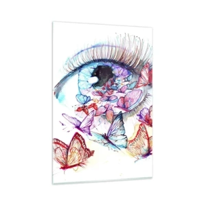Obraz na szkle - Akwarelowe oko otoczone kolorowymi motylami - 80x120cm - Bajkowy oczu czar - Nowoczesna dekoracja ścienna do salonu i sypialni ARTTOR
