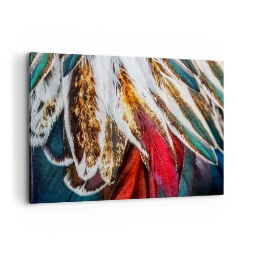 Obraz na płótnie - Zbliżenie na wielokolorowe pióra w żywych, intensywnych barwach - 100x70cm - Tajemnice lotu - Nowoczesna dekoracja ścienna do salonu, kuchni i sypialni ARTTOR