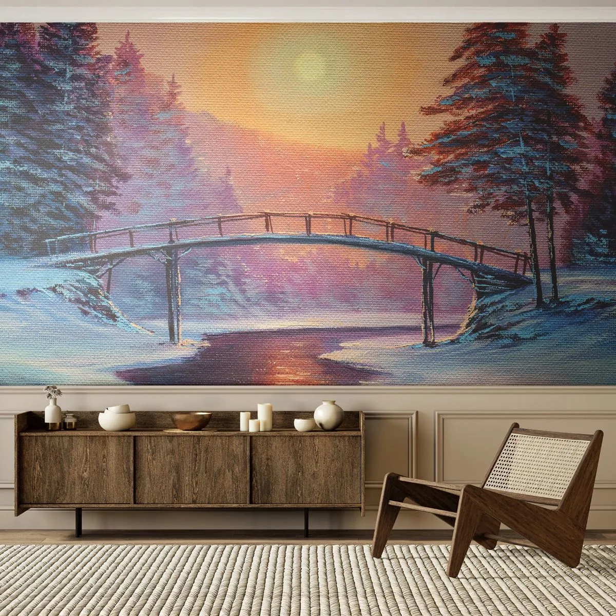 Fototapeta Premium Sand - Zimowy krajobraz z mostem i zachodzącym słońcem - 100x70cm - Cztery pory roku - zima - Nowoczesna dekoracja ścienna do salonu, kuchni i sypialni ARTTOR