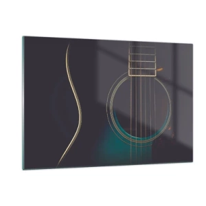 Obraz na szkle - Czarna gitara akustyczna w zbliżeniu z detalami strun - 120x80cm - Chwila zanim zabrzmi - Nowoczesna dekoracja ścienna do salonu, kuchni i sypialni ARTTOR
