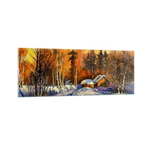 Obraz na szkle - Zimowy krajobraz z domem w świetle zachodzącego słońca - 140x50cm - Zimowa impresja w słońcu - Nowoczesna dekoracja ścienna do salonu i sypialni ARTTOR