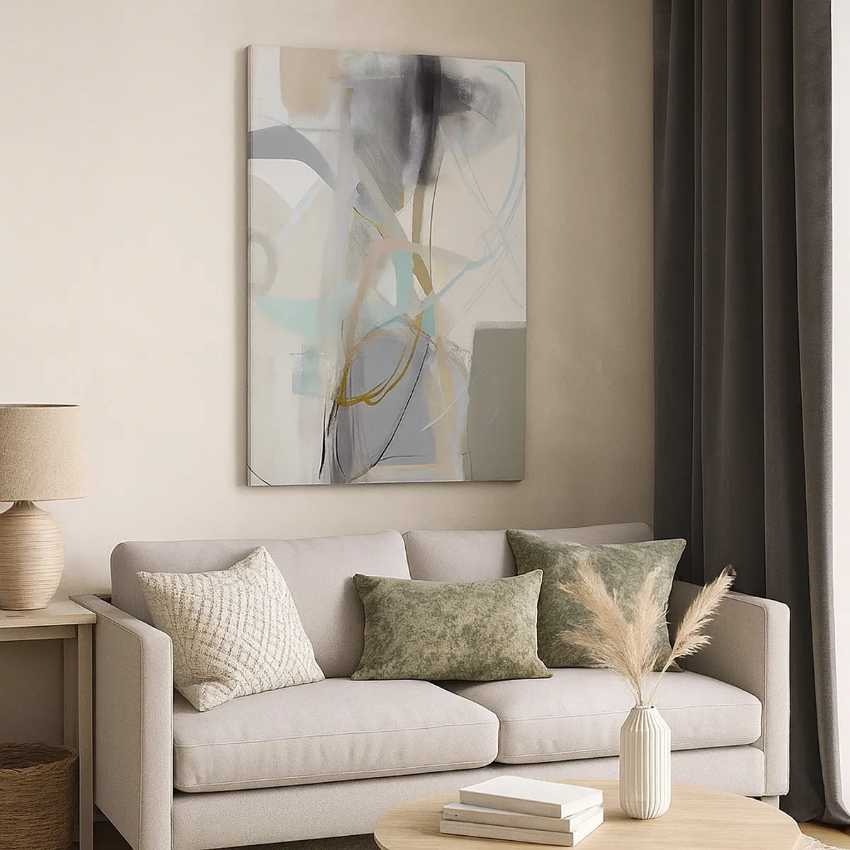 Obraz na płótnie - Delikatna abstrakcja w odcieniach szarości, beżu i błękitu - 50x70cm - Abstrakcja zamglona - Nowoczesna dekoracja ścienna do salonu, kuchni i sypialni ARTTOR