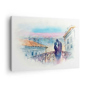 Obraz na płótnie - Romantyczna para na balkonie z widokiem na miasto - 70x50cm - Paryscy kochankowie - Nowoczesna dekoracja ścienna do salonu i sypialni ARTTOR