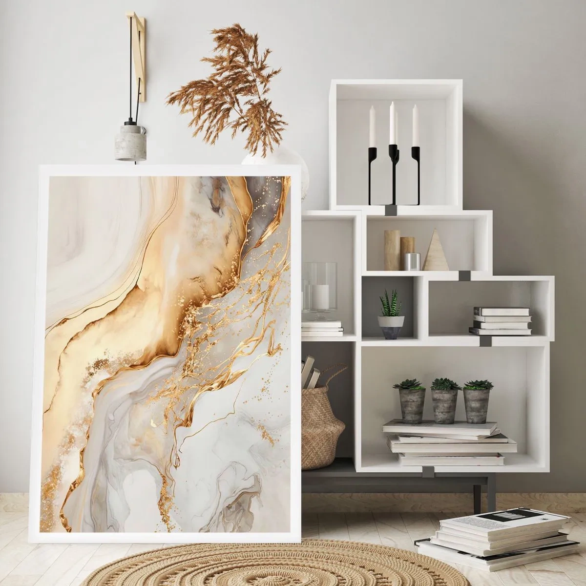 Plakat - Abstrakcyjna złoto-biała kompozycja marmurowa - 50x70cm - Abstrakcja: piękno i dobro - Nowoczesna dekoracja ścienna do salonu, kuchni i sypialni ARTTOR