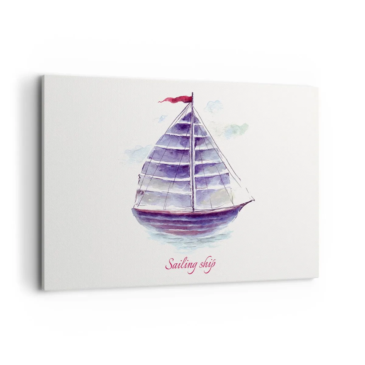 Obraz na płótnie - Akwarelowy obraz żaglówki na wodzie z delikatnym napisem - 120x80cm - Pełnych żagli i spokojnej wody - Nowoczesna dekoracja ścienna do salonu, kuchni i sypialni ARTTOR