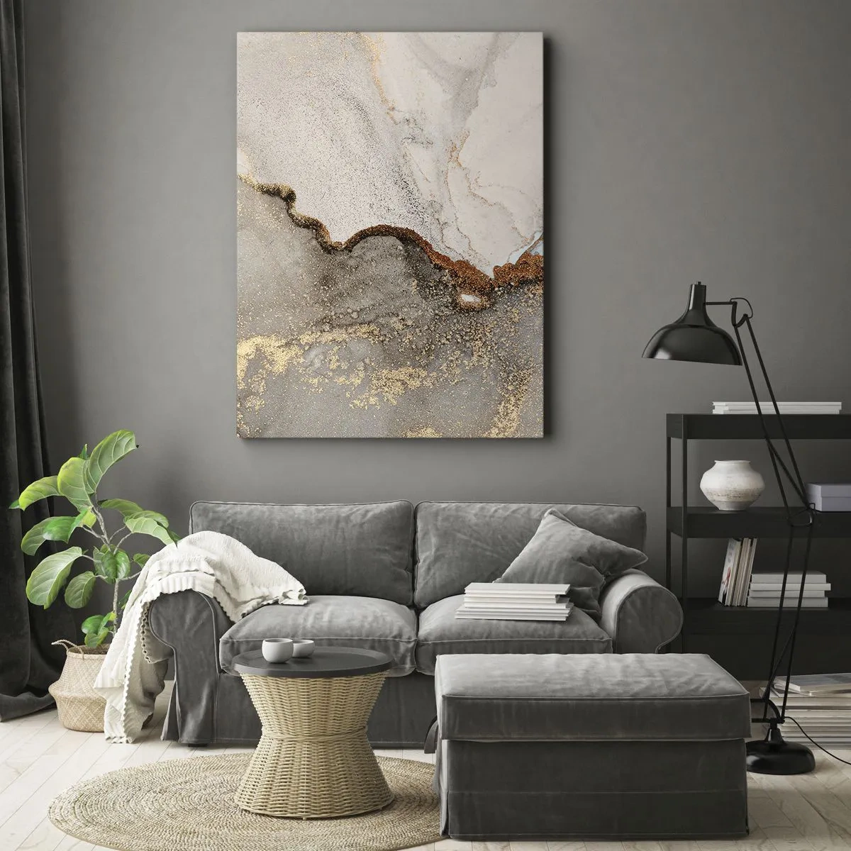 Obraz na płótnie - Abstrakcyjna kompozycja z marmurowym wzorem i złotymi akcentami - 50x70cm - Na granicy barw - Nowoczesna dekoracja ścienna do salonu, kuchni i sypialni ARTTOR