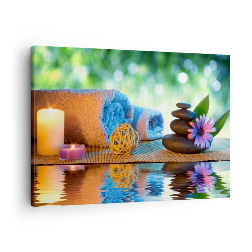 Obraz na płótnie - Relaksacyjny zestaw SPA z ręcznikami, świecami i kamieniami - 70x50cm - Czas dla ciała - Nowoczesna dekoracja ścienna do salonu i sypialni ARTTOR