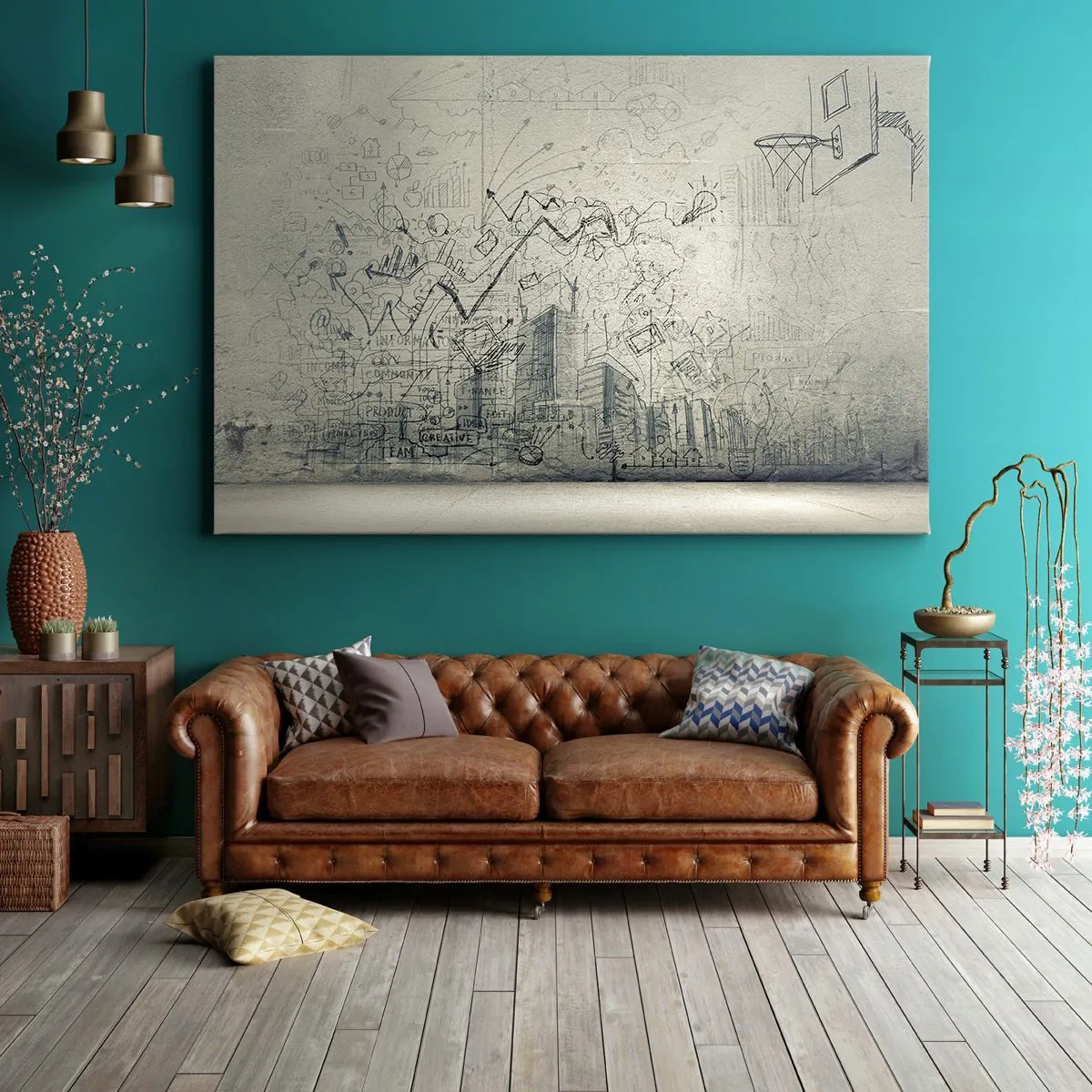 Obraz na płótnie - Rysunki i schematy na tle surowej ściany - 100x70cm - Moje wspaniałe miejskie życie - Nowoczesna dekoracja ścienna do salonu, kuchni i sypialni ARTTOR