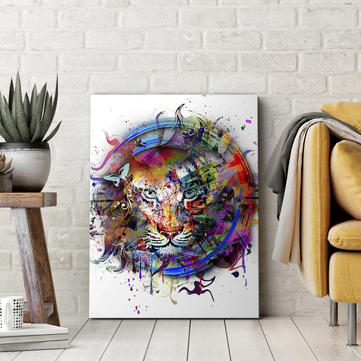 Obraz na płótnie - Kolorowy portret lwa w stylu abstrakcyjnym - 50x70cm - Czai się za tęczową zasłoną - Nowoczesna dekoracja ścienna do salonu, kuchni i sypialni ARTTOR