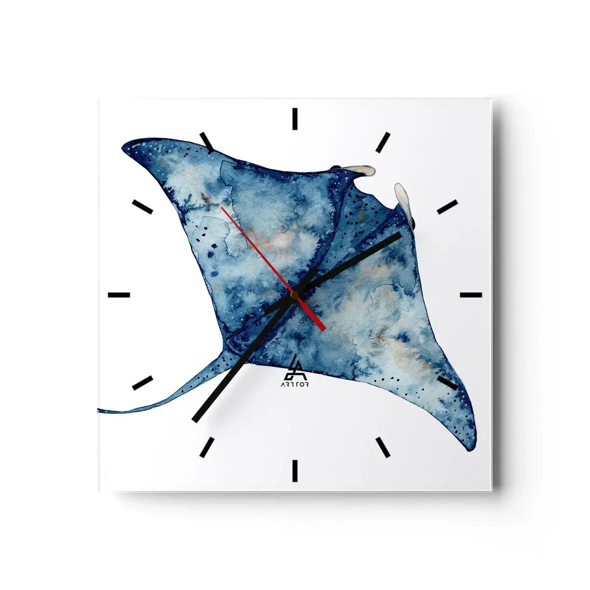Zegar ścienny - Niebieska płaszczka w akwarelowym stylu na białym tle - 30x30cm - Życie w błękicie - Nowoczesna dekoracja ścienna do salonu i sypialni ARTTOR