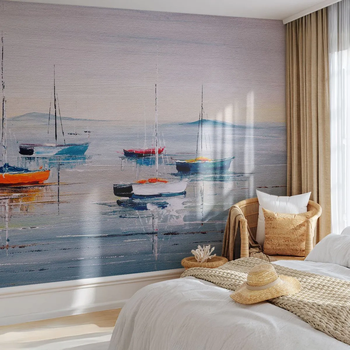 Fototapeta Premium Sand - Kolorowe łodzie na spokojnej wodzie o zachodzie słońca - 100x70cm - Zasłużony odpoczynek - Nowoczesna dekoracja ścienna do salonu, kuchni i sypialni ARTTOR