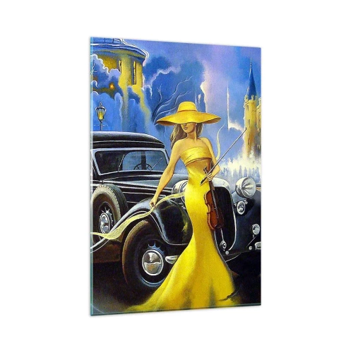 Obraz na szkle - Kobieta w żółtej sukni z skrzypcami przy retro samochodzie - 80x120cm - Nokturn na skrzypce i miłość - Nowoczesna dekoracja ścienna do salonu i sypialni ARTTOR