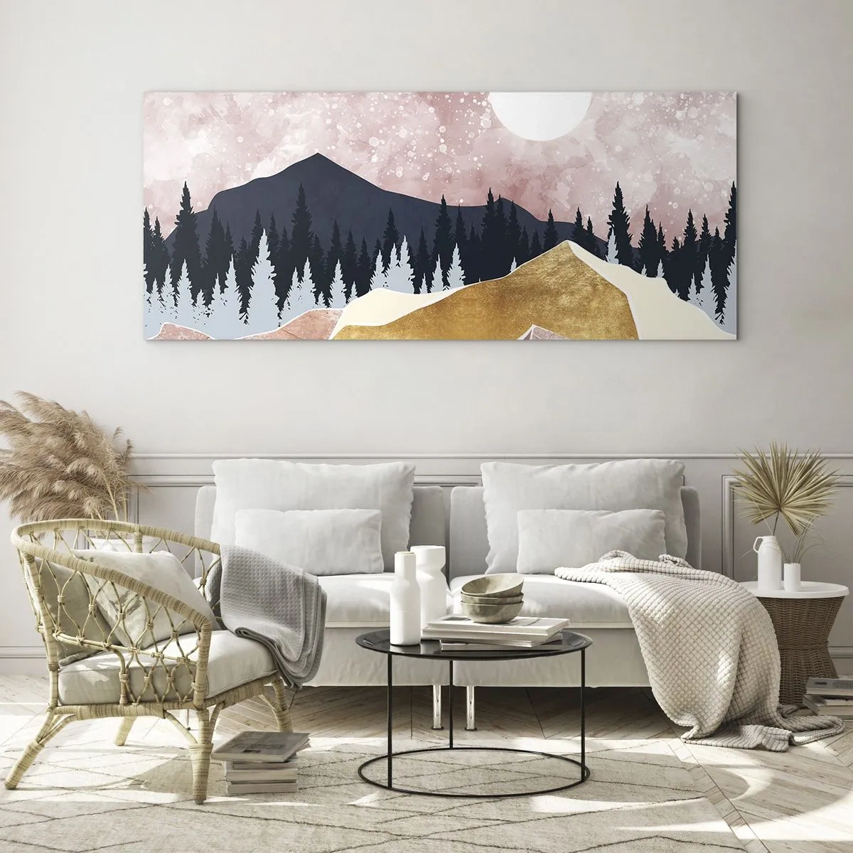 Obraz na szkle - Kolorowe góry na tle różowego nieba z księżycem - 120x50cm - Nocna straż - Nowoczesna dekoracja ścienna do salonu i sypialni ARTTOR