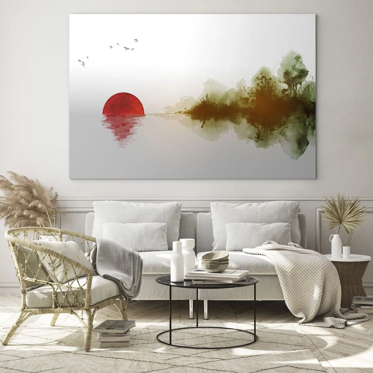 Obraz na szkle - Czerwone słońce nad wodą i zarysem leśnym - 70x50cm - Obietnica spokoju - Nowoczesna dekoracja ścienna do salonu i sypialni ARTTOR