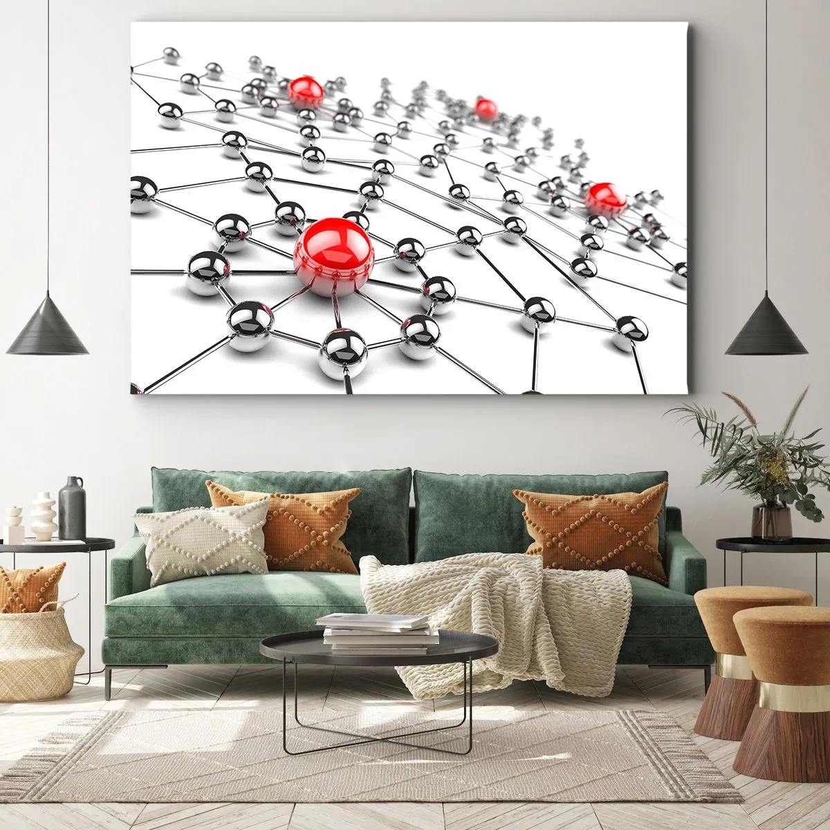 Obraz na płótnie - Sieć metalicznych kulek z czerwonymi akcentami - 70x50cm - Srebrzysta sieć - Nowoczesna dekoracja ścienna do salonu i sypialni ARTTOR