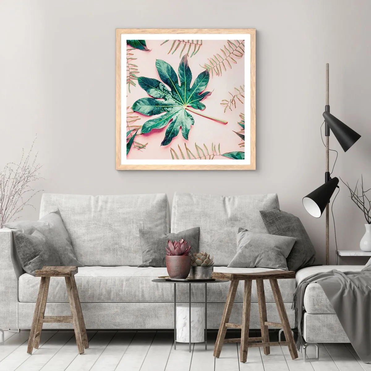 Plakat w ramie jasny dąb - Studium zieleni na różowym tle - 60x60 cm