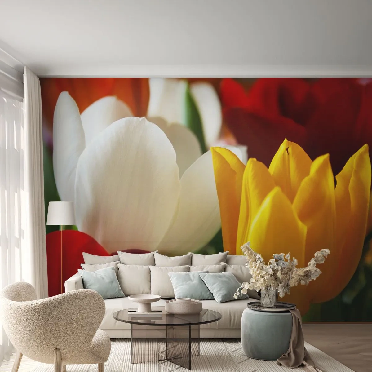 Fototapeta Premium Sand - Kolorowe tulipany w zbliżeniu - 100x70cm - Tulipanowa gorączka - Nowoczesna dekoracja ścienna do salonu, kuchni i sypialni ARTTOR